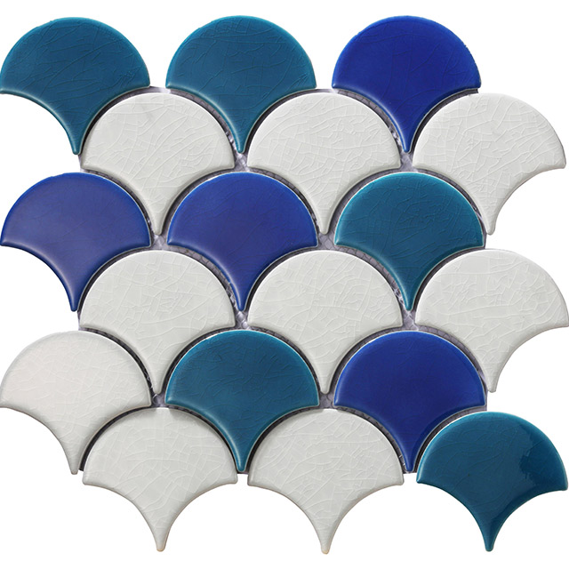 Blue And White Fan Shape Fishscale Porcelain Swimming Pool Mosaic Tiles