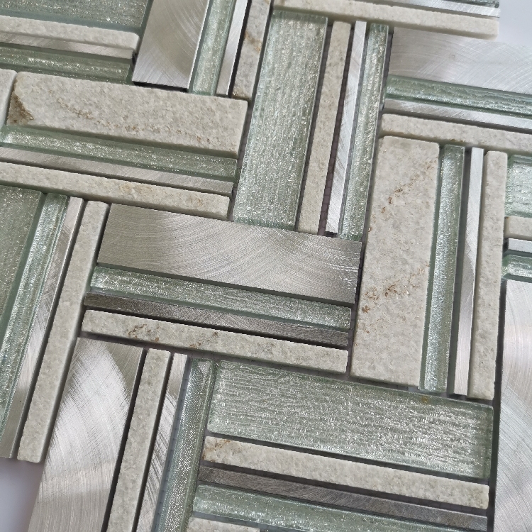 White Stone Mixed White Glass Herring Bone Style Different Size Mixed Mosaic Tiles 