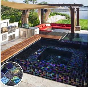 Iridescent Black And Rainbow Color Crystal Glass Mosaic Tile for Swimming Pool 