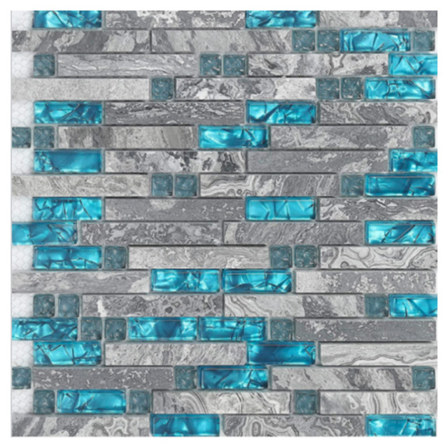 Polished Gray Marble And Teal Blue Tiles Back Splash Kitchen Tiles Glass Mosaics