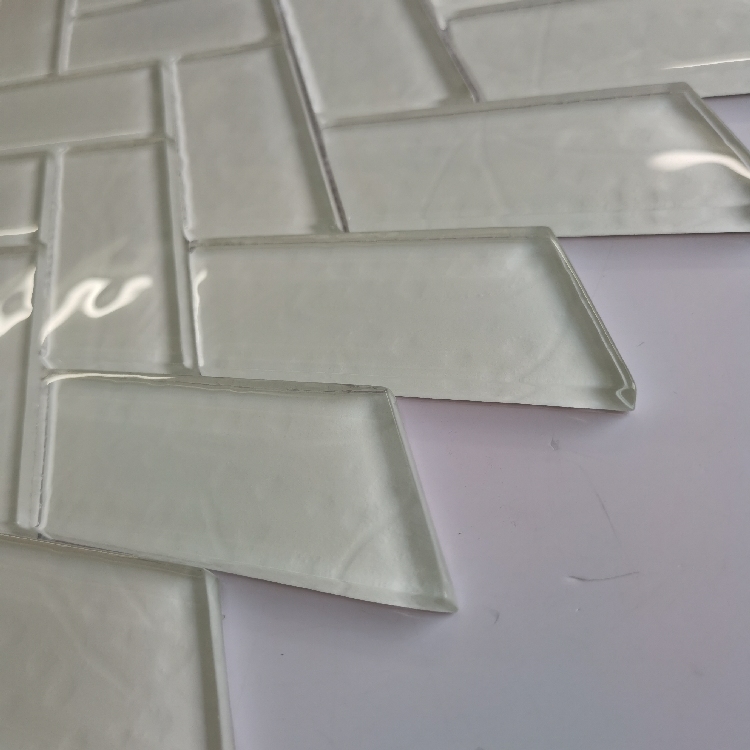 Bright White Herringbone Kitchen Backsplash Crystal Glass Mosaic Tiles