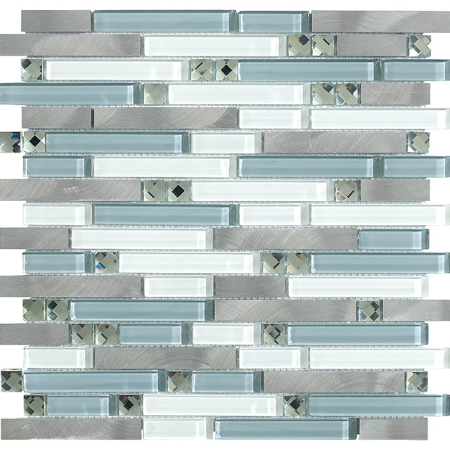 White Color Strip Shape Decoration Backsplash Wall Glass Mosaic Mixed With Metal Mosaic Tiles