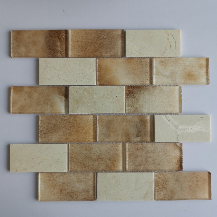 Warm Beige Color Wall Paper Stick on Back Texture Pattern 2*4 Inch Glass Mosaic Tiles