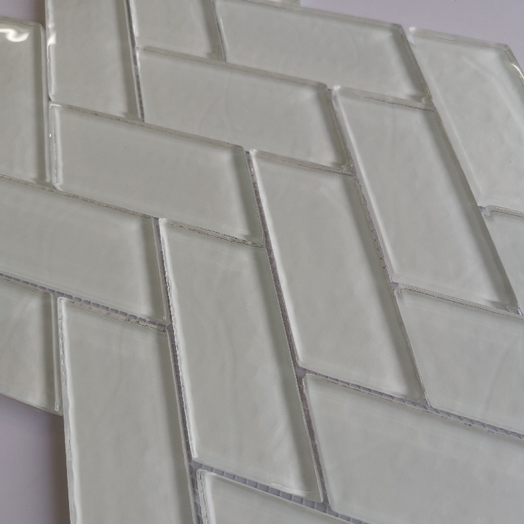 Bright White Herringbone Kitchen Backsplash Crystal Glass Mosaic Tiles