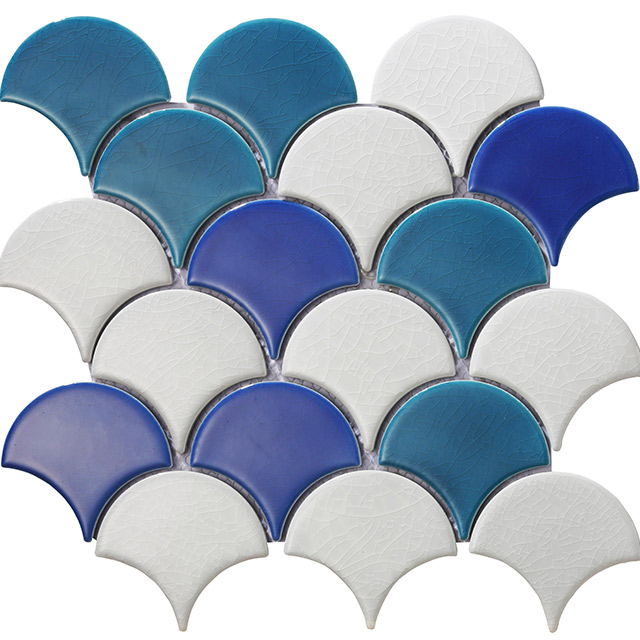 Blue And White Fan Shape Fishscale Porcelain Swimming Pool Mosaic Tiles