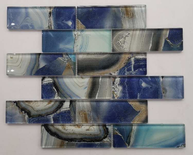 Luxury Marble Look 2*4inches Subway Mixed Blue Color Glass Tile 