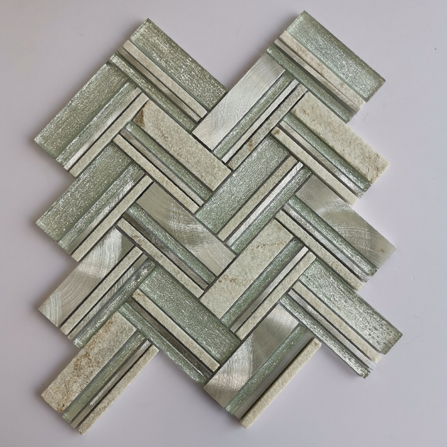 White Stone Mixed White Glass Herring Bone Style Different Size Mixed Mosaic Tiles 